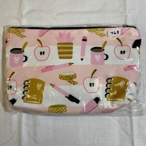 The Pouch Cosmetic Bag Womens Small Pink NWT Stationery Print Zipper Pouch 8x5